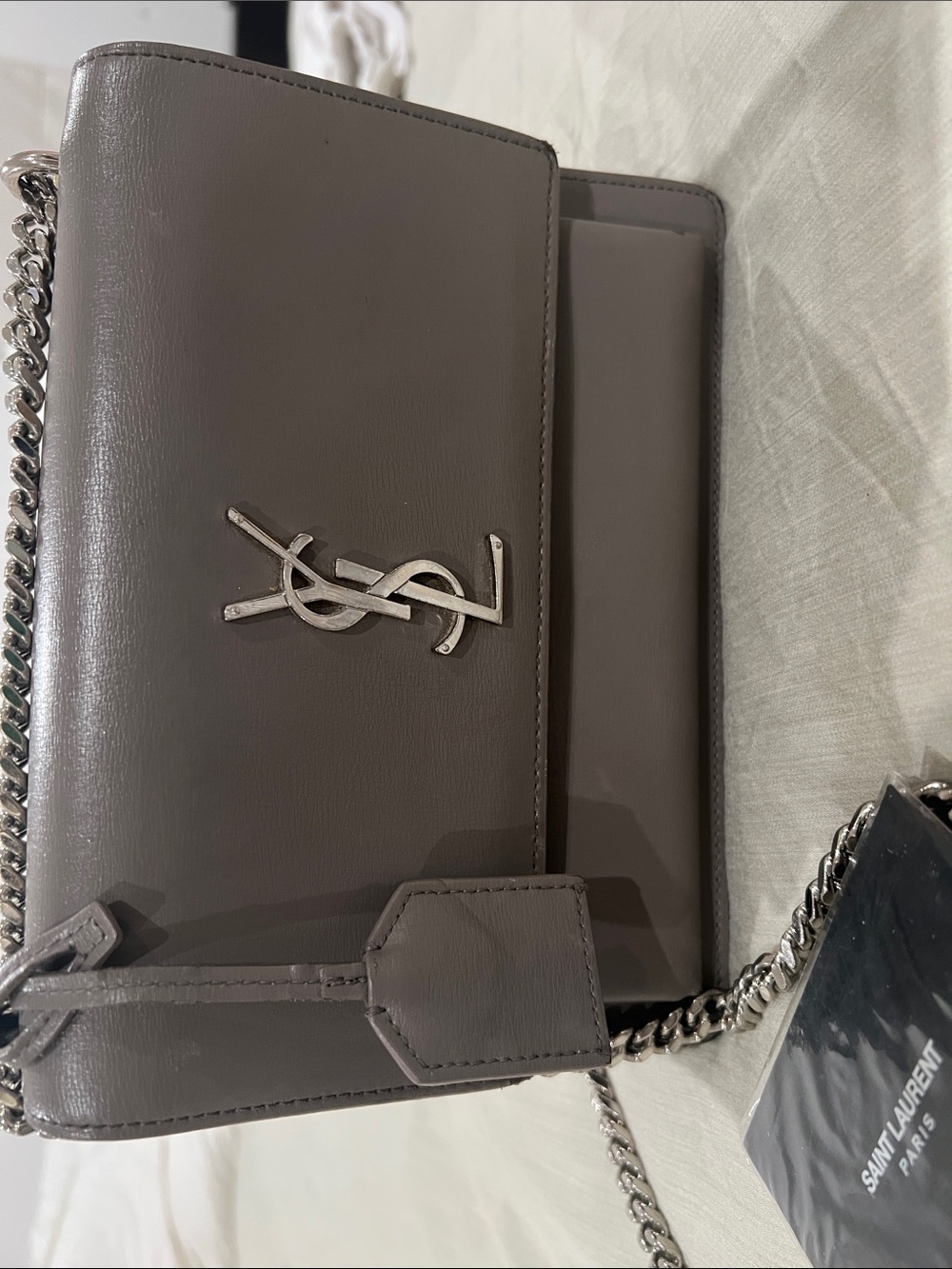 Saint Laurent Taupe Leather Chain Shoulder Bag with YSL Logo